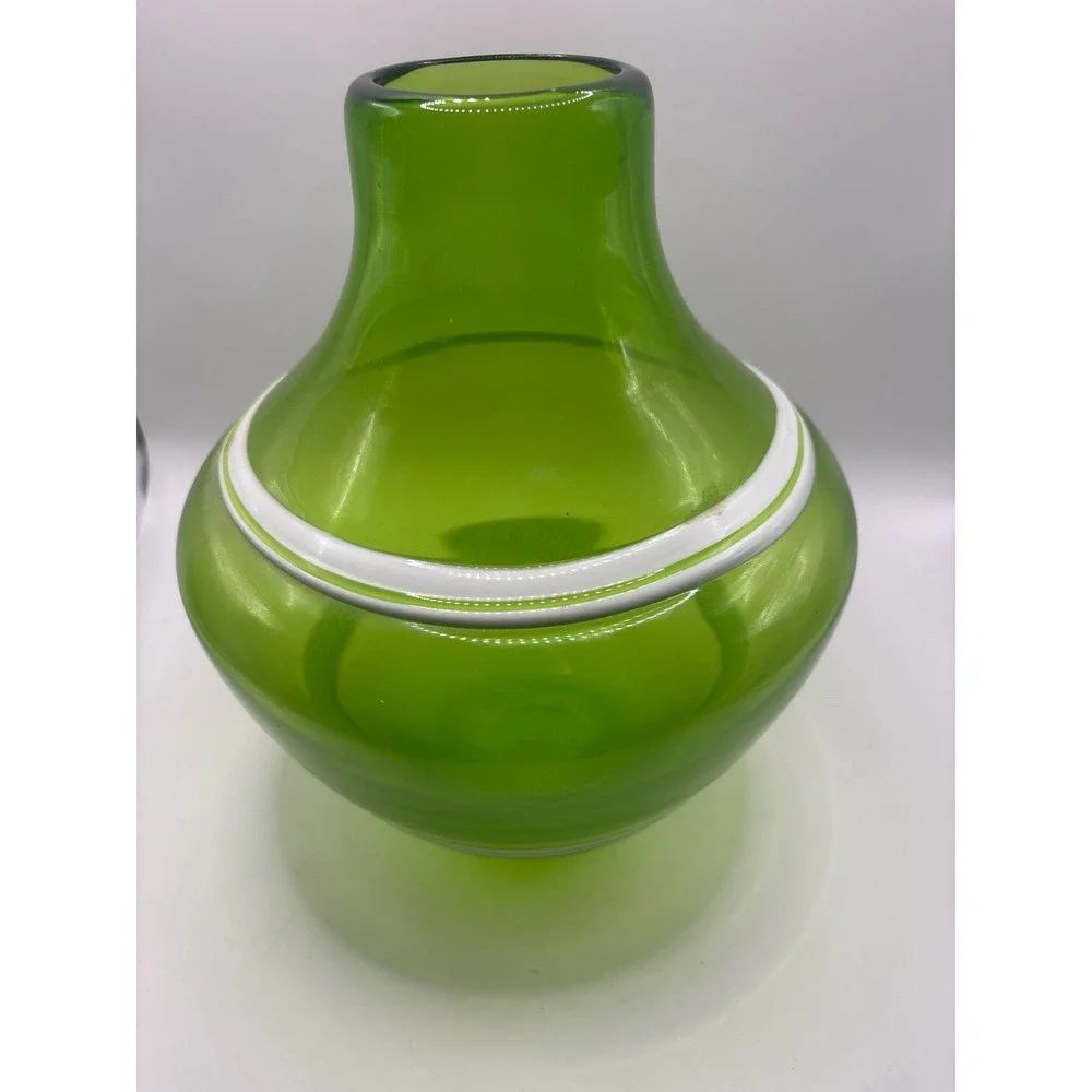 Mid Century Modern Green Art Glass Vase with White Stripes Hand Blown Decor